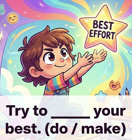 EngVibeDaily's tweet photo. Choosing between 'do' and 'make' is a bigger mystery than where my missing socks go. 🧦

Quick! What's the correct answer? 'Do' your best or 'Make' your best? ⭐️

#EnglishQuiz #EasyEnglish https://t.co/qSMPeFQmtt