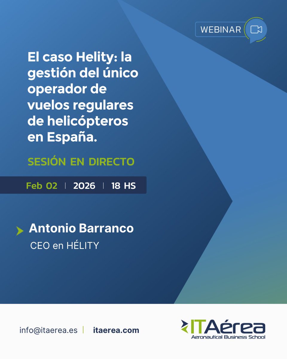📅 Nuevo Webinar 🌟 El caso Helity: la gestión del único operador de vuelos regulares de helicópteros en España.

📅 02/02/2026
🕧 18.00 CET
🎓 Antonio Barranco, CEO en Helity.

Solicita más información escribiendo a 📨 info@itaerea.es