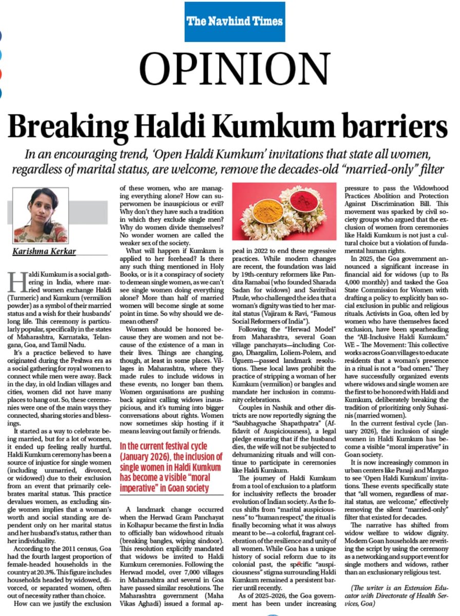 We4NoExclusion's tweet photo. In the current festival cycle (January 2026), the inclusion of single women in Haldi Kumkum has become a visible "moral imperative" in Goan society.
It is now increasingly common in urban centers like Panaji &amp; Margao to see 'Open Haldi Kumkum' invitations - writes Karishma Kerkar https://t.co/xPpDH8vYT6