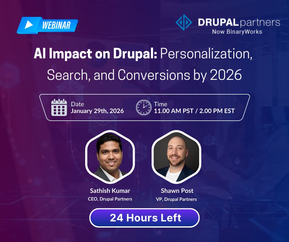 🚨 Webinar Reminder!
AI is transforming how Drupal sites personalize experiences &amp; deliver search results. Join our free session on Jan 29, 2026, to learn how to prepare your site for 2026! 👉 drupalpartners.com/webinar/ai-imp… 
#DrupalAI #Webinar