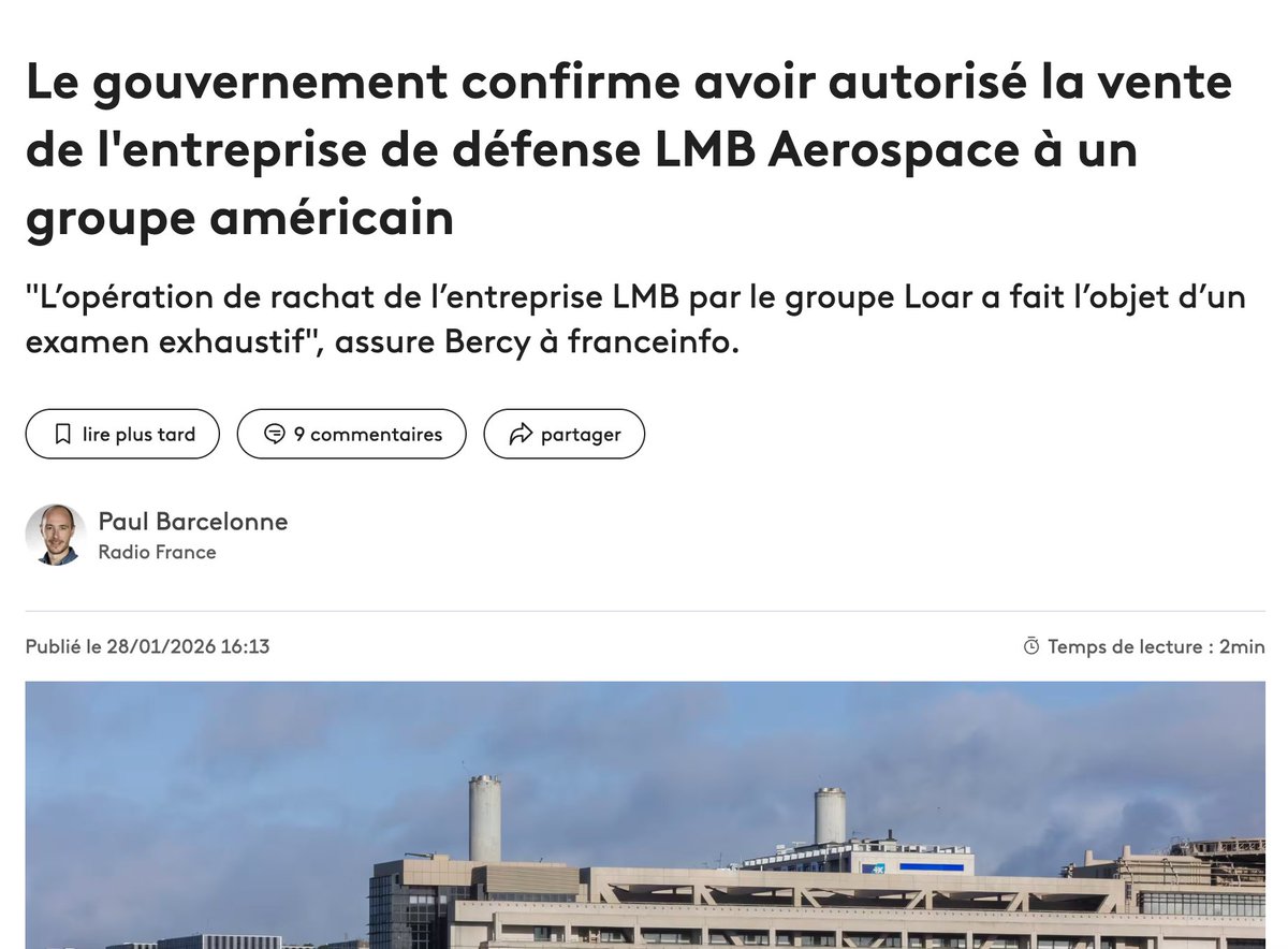MoneyRadar_FR's tweet image. 🚨 ALERTE : La France vend ses fleurons stratégiques les uns après les autres...

En 2026 seulement :

❌ LMB Aerospace → Loar Group (USA)
❌ Exaion → Mara Holdings (USA)
❌ Aluminium Dunkerque → en cours
❌ Abivax → en cours Eli Lilly (USA)

En 2025, c'était déjà énorme  :…