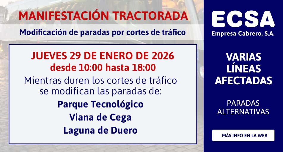 🔴 🚜 Con motivo de la TRACTORADA prevista para hoy:

🕒 Inicio 10:00 h 
🕒 Fin 18:00 h

⚠️ Cortes de tráfico y modificación de paradas en las líneas:

🚌 PTB, Viana y Laguna de Duero

📍 Se habilitarán paradas alternativas

ℹ️ Consulta más info en:

ecsa.es/noticias/manif…