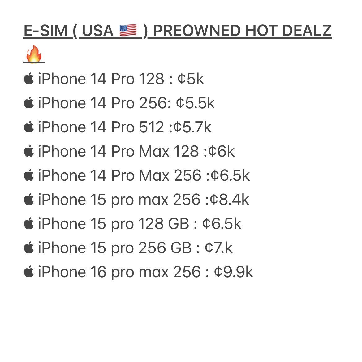 AmgKschweppes's tweet photo. Good morning Ghana 🇬🇭 Kindly Help me REPOST MY  Hustle. 🙏🙏 

 PREOWNED / UK 🇬🇧 USED and E- SIM (USA 🇺🇸) iPhones Price List. 

Lifetime Warranty For All Devices

Nationwide Delivery 🚚 

Call or what’s App 0553630043 https://t.co/WMoMjtrjEH