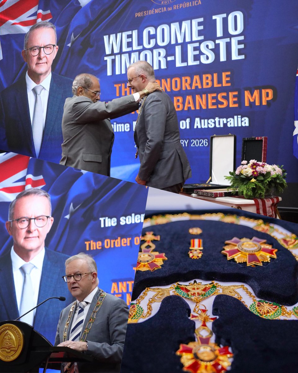 JoseRamosHorta1's tweet photo. Productive dialogue today with PM @AlboMP 
Awarded him the Highest Grand Collar of the Order of Timor-Leste for his unwavering dedication to our nation's dignity.

A partnership built on trust and mutual respect.

#OrderOfTimorLeste #JRH #AnthonyAlbanese #Diplomacy #StateVisit https://t.co/RR8FQJXJho