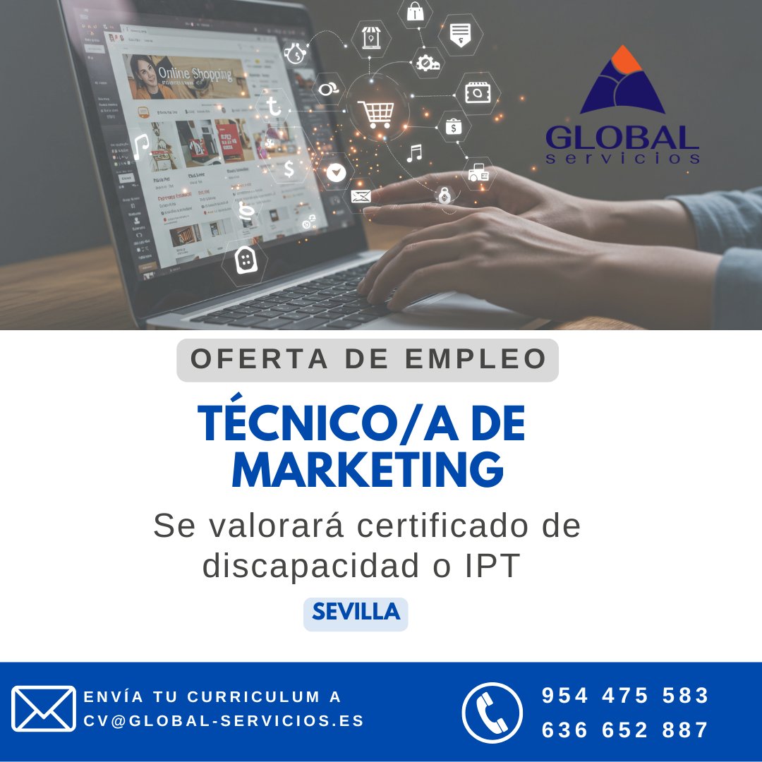 GlobalServ15's tweet photo. Buscamos técnico/a especialista en marketing digital con discapacidad o incapacidad en Sevilla.

📲 Ads, RRSS, e-commerce y community
🕓 Jornada parcial (mañana)
💶 1.050–1.100 €
📩 cv@global-servicios.es
📞 954 475 583
#empleoinclusivo #marketingdigital #globalservicios https://t.co/qqYQe9mUqN