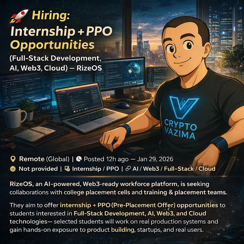 🚀 Hiring: Internship + PPO (Full-Stack / AI / Web3 / Cloud) — RizeOS 📍  Remote (Global) | 💼 Internship / PPO | 🧑‍💻 AI / Web3 / Full-Stack /  Cloud |