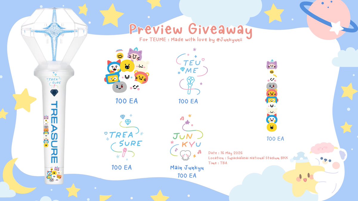 Preview Giveaway (มีอีกหลายอย่าง จะตามมาในตอนต่อไปค่ะ)

💓 สติกเกอร์ UV DTF สำหรับติดแท่งไฟ แก้วน้ำ สิ่งของอะไรใดๆ มารับกันเยอะๆ นะคะทุกคน ตั้งใจทำด้วยความรักมากๆ ค่ะ

Date : 16 May 2026
Location : National stadium  
#TREASURE_PULSE_ON_IN_BKK
#PULSE_ON_IN_BANGKOK #TREASURE