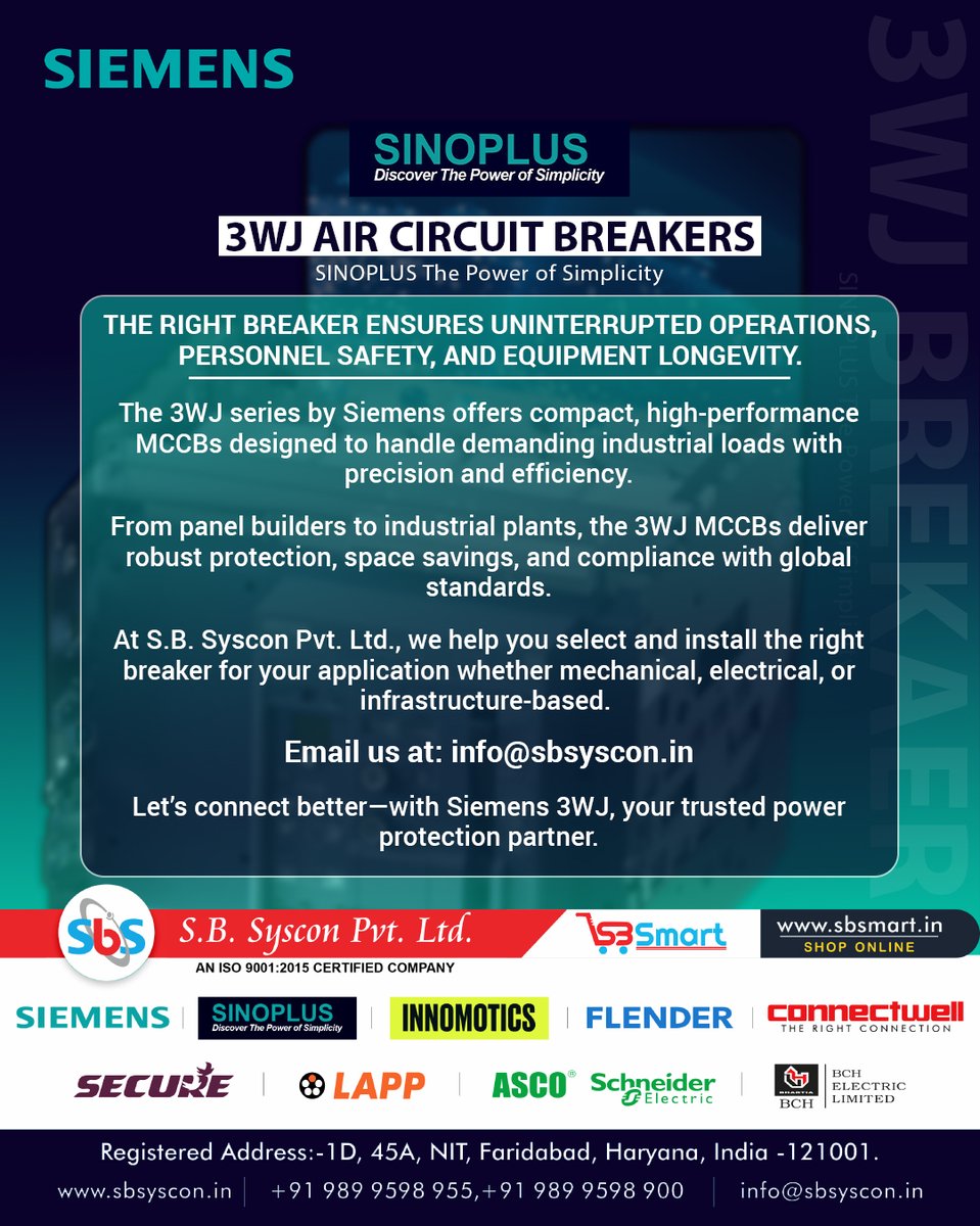 SBSyscon's tweet photo. Power distribution demands reliability, safety, and performance - and Siemens SINOPLUS 3WJ Air Circuit Breakers deliver exactly that.

#SBSyscon #SBSysconPvtLtd #SbSmart #Siemens #Innomotics #Sinoplus #LappCables #SchneiderElectric #SecureMeters #BCH #Flender #3WJ #Sinoplus https://t.co/kRW3ivXpCn
