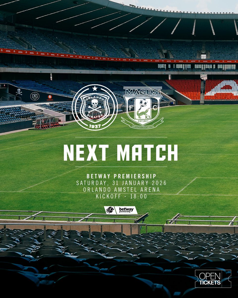 𝐍𝐄𝐗𝐓_𝐌𝐀𝐓𝐂𝐇

📅 Saturday,31 January 2026
🆚 <a href="/MagesiFC/">Magesi FC</a> 
🕰 18H00
📍 Orlando Amstel Arena

⚫️⚪️🔴⭐️
#OrlandoPirates
#OnceAlways