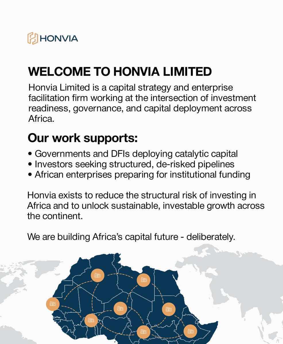 Honvialimited's tweet photo. We are a capital enabler designing the structures that allow capital to flow into Africa — responsibly.

Welcome to Honvia Limited.

#HonviaLimited #AfricanCapital #InvestmentReadiness #CapitalStrategy #AfricanBusiness #EnterpriseGrowth #DFIs #InstitutionalCapital https://t.co/ubcwfpO8NO