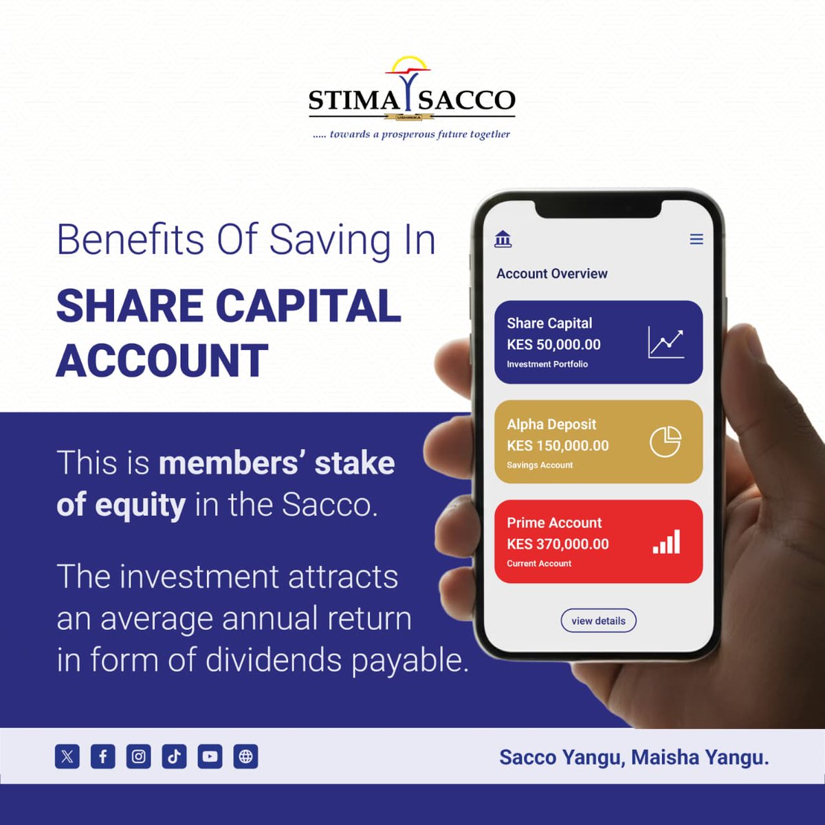 stimasacco's tweet photo. Share Capital is your stake of ownership in the Sacco. 

Your shares are non-withdrawable but transferable upon exit, and they earn dividends annually. For the financial year that ended on December 31st, 2024, we paid a return of 16% on the value of shares invested in the Sacco.

Secure your stake and watch your wealth grow!

 #SaccoYanguMaishaYangu