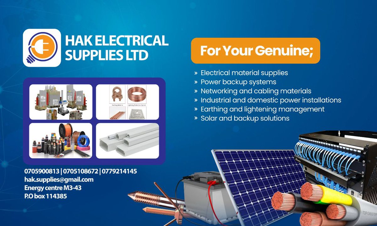 Discover the finest electrical supplies across Uganda at HAK ELECTRICAL SUPPLIES LIMITED! Premium domestic and industrial products for every need—quality, reliability, and unbeatable value. Power up your projects today! Call: +256-752419480