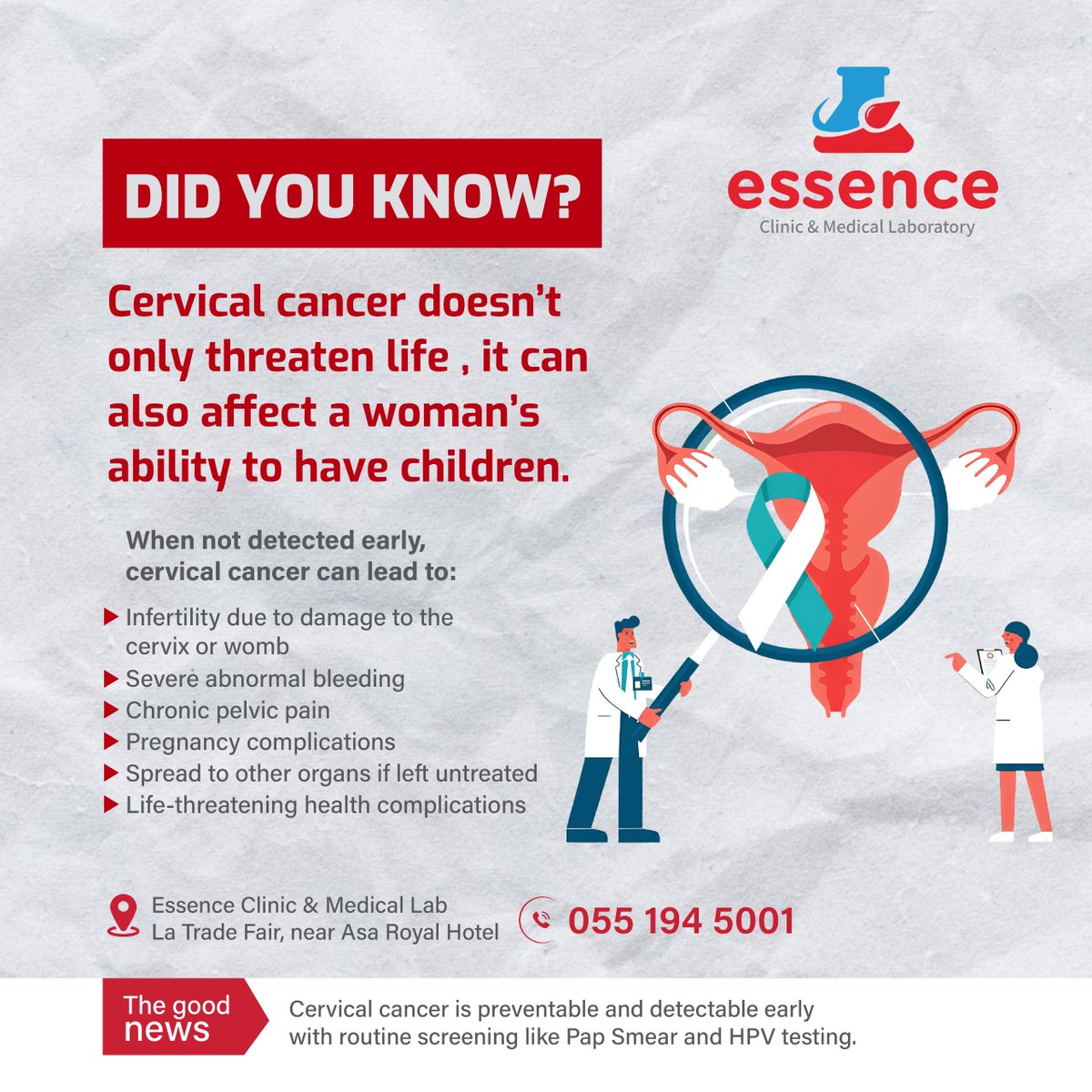 Essencemedilab's tweet image. Did you know cervical cancer can affect fertility too? 🎗️
Don’t wait. Screen early.

📍 Essence Clinic &amp;amp; Medical Lab
📞 0551945001#CervicalCancerAwareness 
#WomensHealth #HPVTest #PapSmear #EarlyDetection #PreventiveHealth