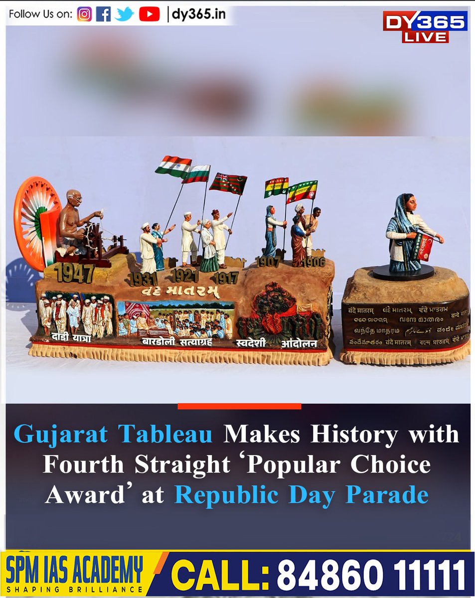 DY365's tweet image. Gujarat’s tableau created history at the national Republic Day parade held at Kartavya Path, New Delhi, by securing the first rank in the “Popular Choice Award” category for the fourth consecutive year.
#RepublicDay  #parade #tableau #Gujarat  @DY365