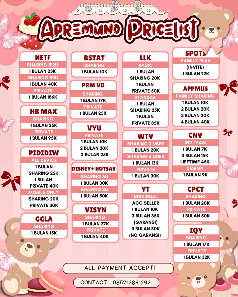 patchqy's tweet image. HAII SIANG JAJAN YUK!
💌 ORDER HERE YA wa.me/6285212831292 YA JUAL BELI WTS WTB APLIKASI YAA PREMIUM HUJAN

AMAZONE PRIME VIDEO, APPLE MUSIC, BSTATION, CANVA, CAPCUT, DISNEY HOTSTAR, GAGAOLA, HBO MAX, IQIYI, LOKLOK, NETFLIX, VIDIO, VISION+, VIU, WETV, YOUTUBE TRUSTED