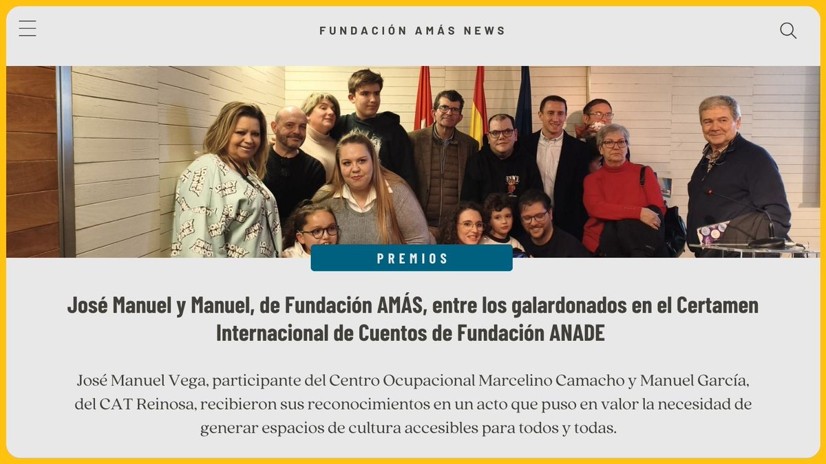 📚José Manuel Vega y Manuel García, de Fundación AMÁS, recibieron un reconocimiento a su esfuerzo y creatividad. 

¡Enhorabuena! 👏

Nuestro agradecimiento al Ayuntamiento de Fuenlabrada y a Raúl Hernández por su apoyo🤝

🔗fundacion-amas.org/actualidad/jos…