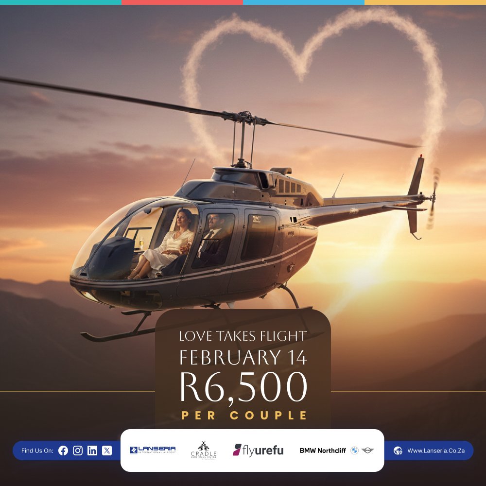 ❤️ Love is in the air... literally! ✨

This Valentine’s Day, take your love to new heights with our exclusive helicopter experience over the breathtaking Nagaliesburg and Muldersdrift 🚁💕

✨ What’s Included:
• Scenic helicopter flight
• Luxury couples photography session
•