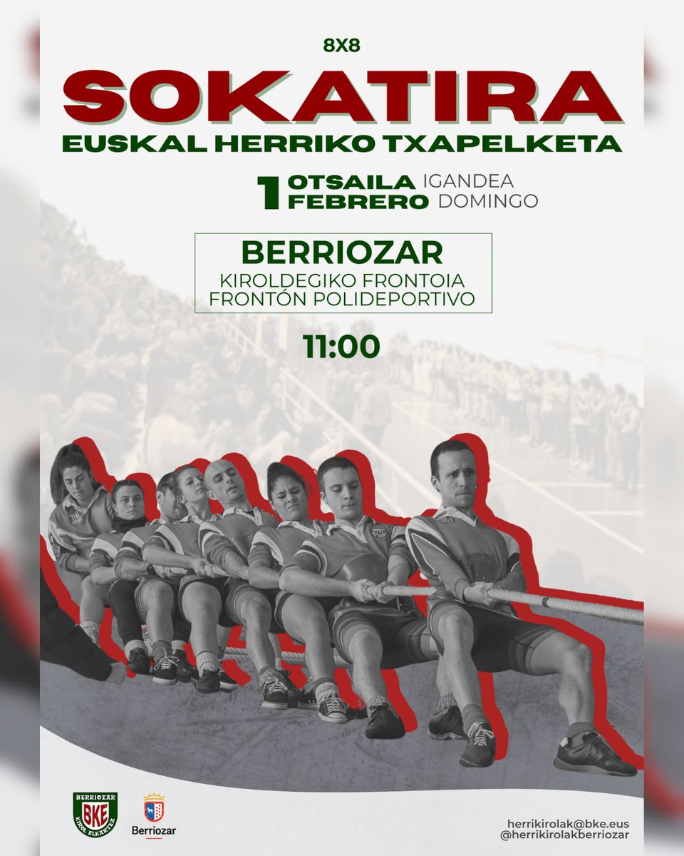 🪢Asteburu honetan, Euskal Herriko Sokatira Txapelketa. Igandean, 11:00etan, Berriozarko Kiroldegiko frontoian.

🪢Este fin de semana, Campeonato de Euskal Herria de Sokatira. El domingo, a las 11:00, en el frontón del Polideportivo de #Berriozar.

#berriozarkoudala