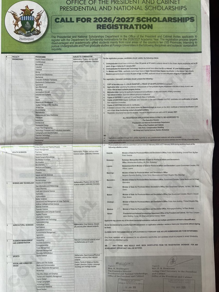 CALL FOR 2026/2027 NATIONAL SCHOLARSHIPS REGISTRATION

The Office of the President and Cabinet wishes to advise the public that applications for the Presidential and National Scholarships Programme for the 2026/2027 academic year are now officially open.

The programme is