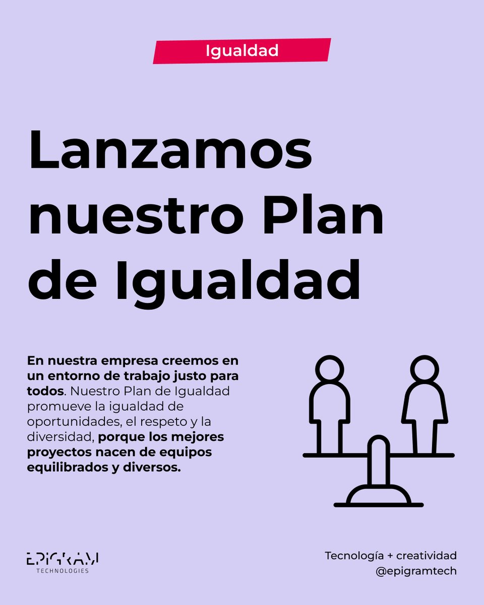 EpigramTech's tweet photo. En nuestra empresa creemos en un entorno de trabajo justo para todos. 💜
Nuestro Plan de Igualdad promueve la igualdad de oportunidades, el respeto y la diversidad, porque los mejores proyectos nacen de equipos equilibrados y diversos. 👩🧑👨
#PlanDeIgualdad #Diversidad #Epigram https://t.co/jNzK0x7siH
