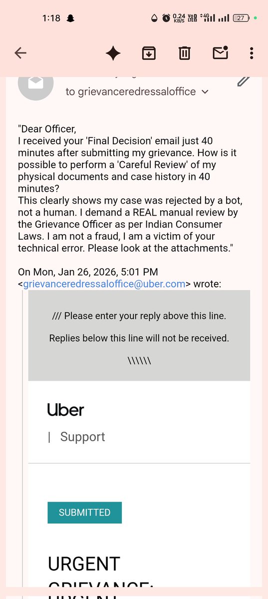 AmitCha39712534's tweet photo. "@Uber_India @Uber_Support My driver ID was PERMANENTLY deactivated for 'Duplicate Account'. Rejected by Grievance Officer in 40 mins! 🤖
No human reviews that fast. It's a bot decision. I'm a genuine driver. Please do a MANUAL review.
Name: Amit Kumar
#UberDrive #help https://t.co/6lYrq9HxEy
