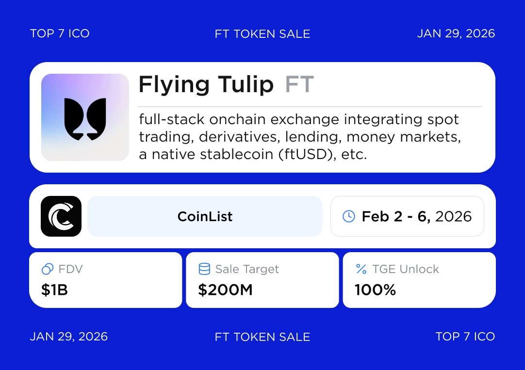 Flying Tulip $FT will launch token sale on Coinlist on Feb 2 Purchase will  launch on Fed 2, 16:00 UTC and end on Feb 6, 21:00 UTC. Token sale details  • Sale