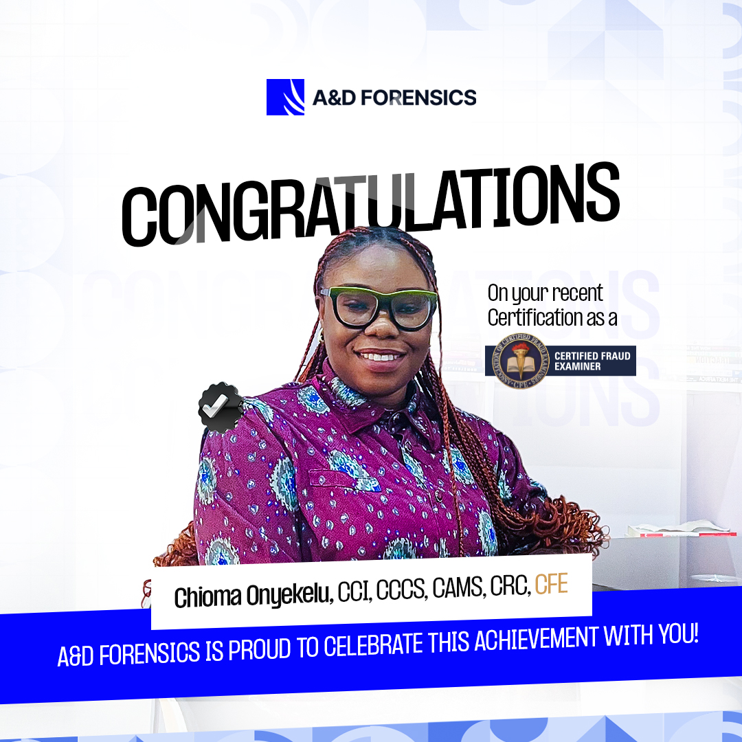 ForensicsD's tweet photo. ๐This is what progress looks like. Another Certified Fraud Examiner (CFE) in our team!
We are delighted to celebrate @ChiomaOnyekelu on her successful completion of the #CFE examinations.
At #ADForensics, we champion learning, professional excellence & continuous development. https://t.co/640cfqye2H