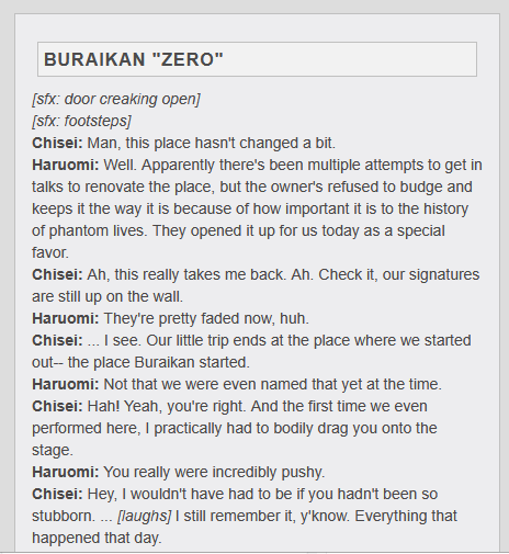 My translation of the Buraikan "ZERO" drama is up now!

Please enjoy.

phanto.moe/drama/88
pararai.dreamwidth.org/66799.html