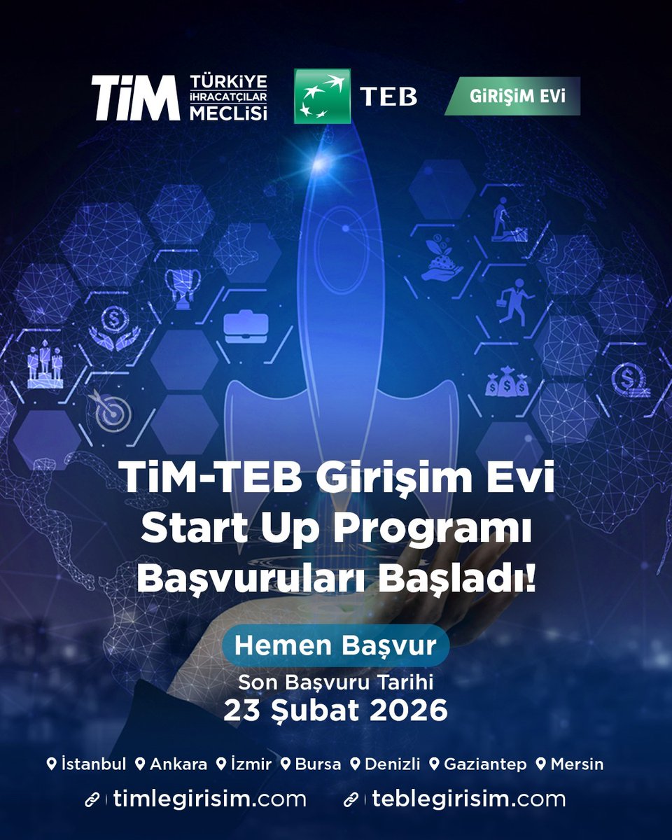 TİM-TEB Girişim Evi Start Up Programı Şubat'ta başlıyor.
Bugüne kadar 2400’den fazla girişimi destekleyen TİM-TEB Girişim Evi, Start Up programına katılacak girişimleri bekliyor!

Detaylı Bilgi ve Başvuru Linki:
timlegirisim.com/tr/online-basv…