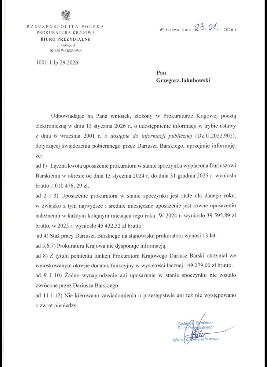 🔴1 mln 10 tys. 476,29 zł - tyle emerytury pobrał już Dariusz Barski od 13 stycznia 2024 roku.

🔴45 tys. 432,32 zł - tyle emerytury miesięcznie pobierał w 2025 roku Dariusz Barski (wzrost z 39 tys. 595,89 zł w 2024 roku).

🔴149 tys. 279 zł - tyle dodatku otrzymał Dariusz Barski