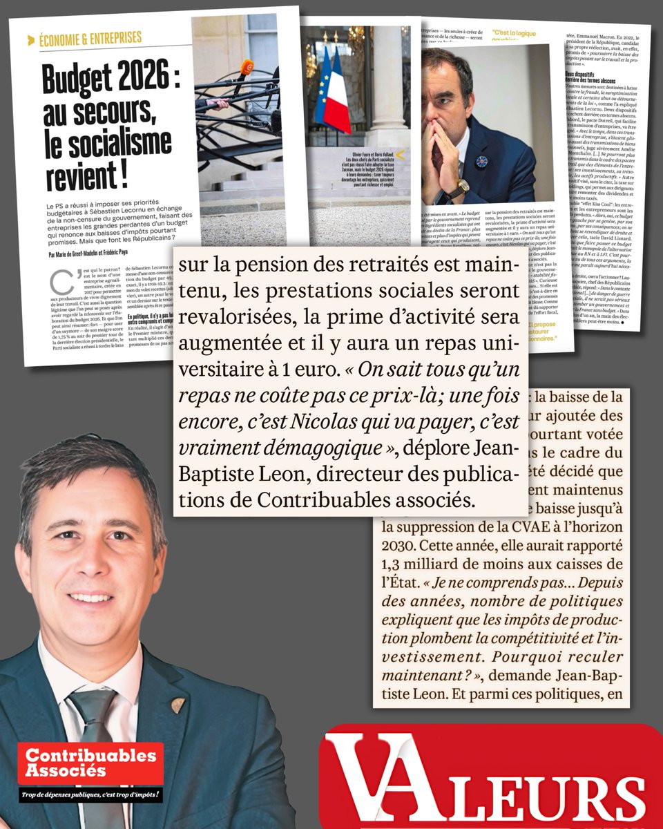 Le #Budget2026, un budget socialiste au détriment des entreprises ?
🗞️Jean-Baptiste Leon a été interrogé par <a href="/Valeurs/">Valeurs actuelles ن</a> actuelles dans le grand dossier du dernier numéro, disponible en kiosques.
<a href="/JiBeLeon/">Jean-Baptiste Leon</a>