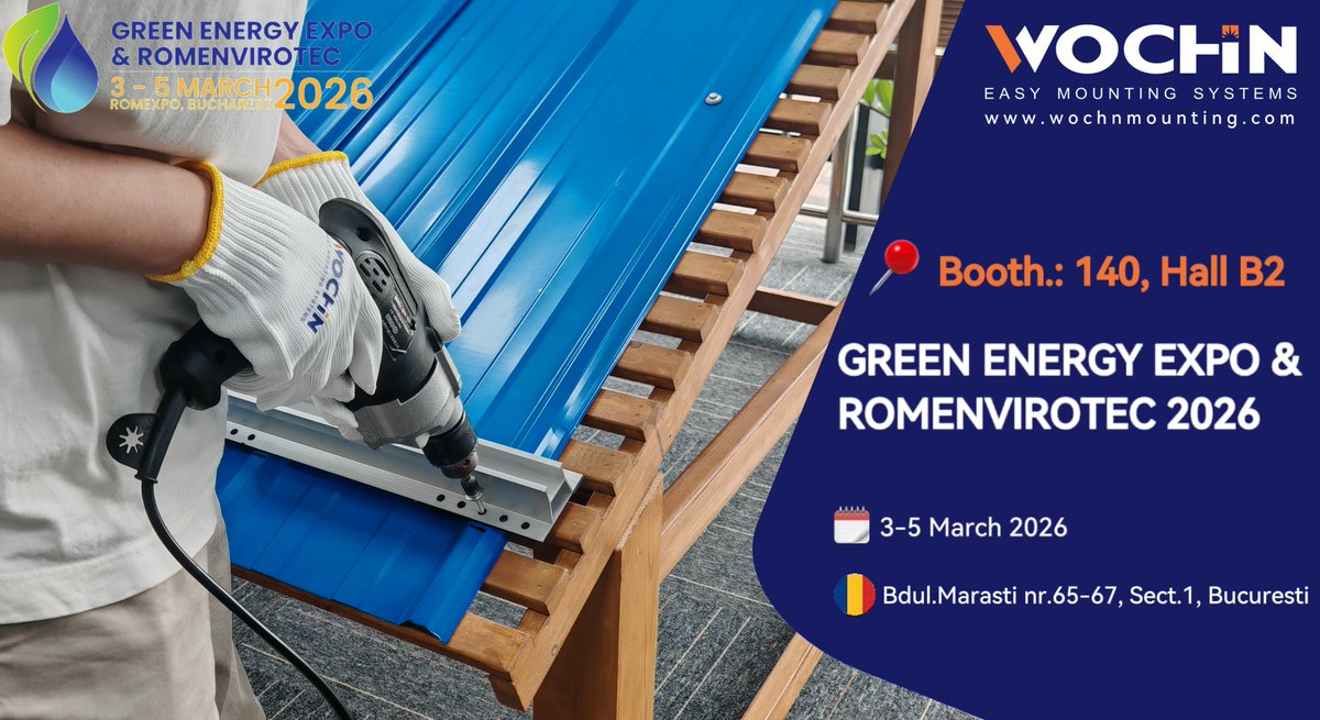 WochnSolarMount's tweet photo. 🚀 Save Time. Save Cost. Install Smarter.
WOCHN Mini Rail System brings faster installation and flexible mounting solutions for metal roof solar installation.

Meet us at:
 🌍 GREEN ENERGY EXPO &amp; ROMENVIROTEC 2026
 📍 Bucharest, Romania
 📅 March 3–5, 2026
 🏢 Hall B2 | Booth 140 https://t.co/otObKCEEsd