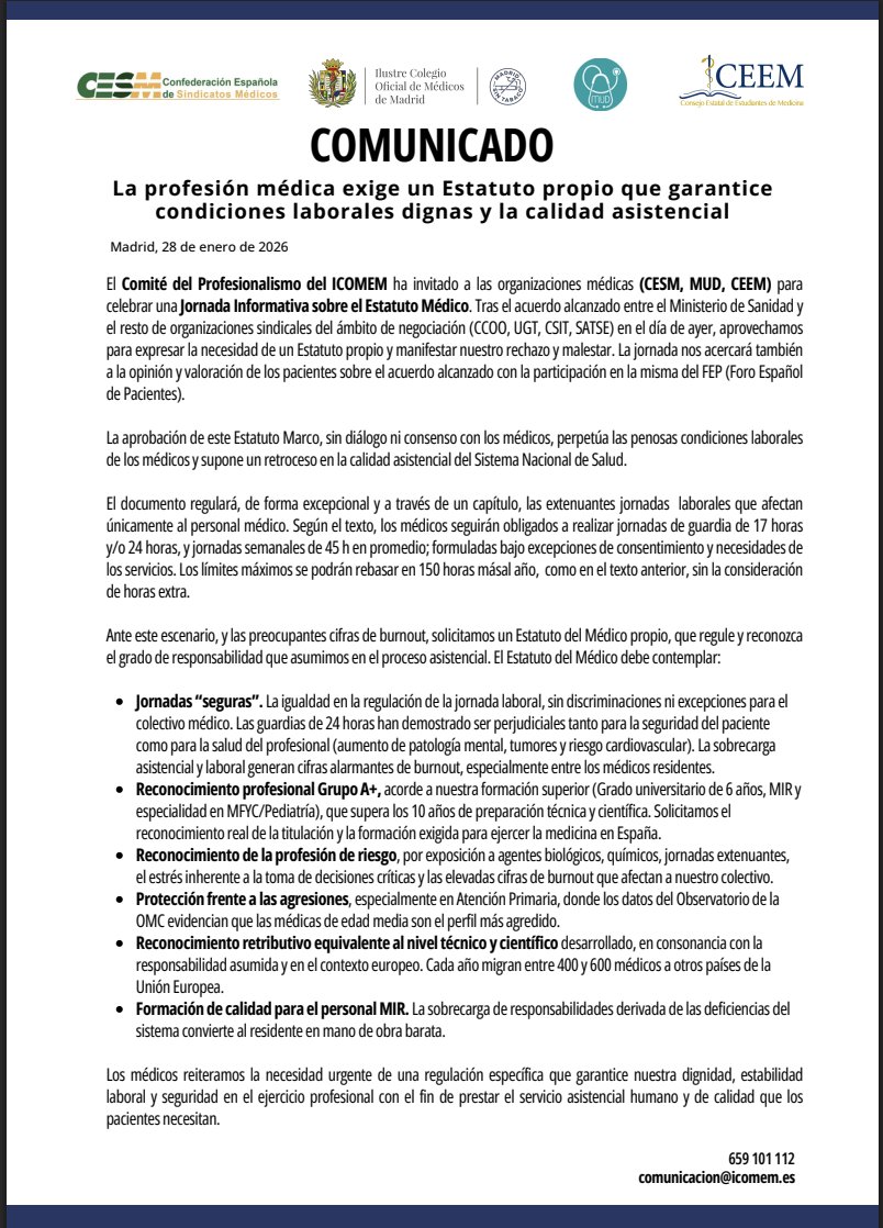 El nuevo Estatuto Marco normaliza jornadas extenuantes y guardias de 24 h. 
La profesión dice basta.

Desde el Comité del Profesionalismo del ICOMEM reclamamos un Estatuto del Médico propio.

Léelo. Entiéndelo. Súmate.
goo.su/WyL5ye