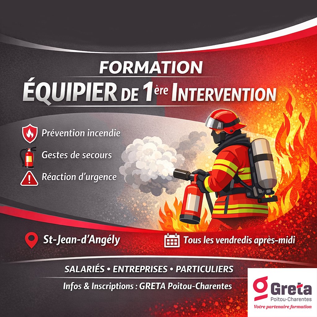 🔥 Formation É𝐪𝐮𝐢𝐩𝐢𝐞𝐫 𝐝𝐞 𝟏è𝐫𝐞 𝐈𝐧𝐭𝐞𝐫𝐯𝐞𝐧𝐭𝐢𝐨𝐧 avec le Greta Poitou-Charentes
📍 St-Jean-d’Angély
🗓 Tous les vendredis après-midi
👉 Prévention incendie &amp; gestes essentiels
#EPI #FormationPro #SécuritéIncendie #Greta