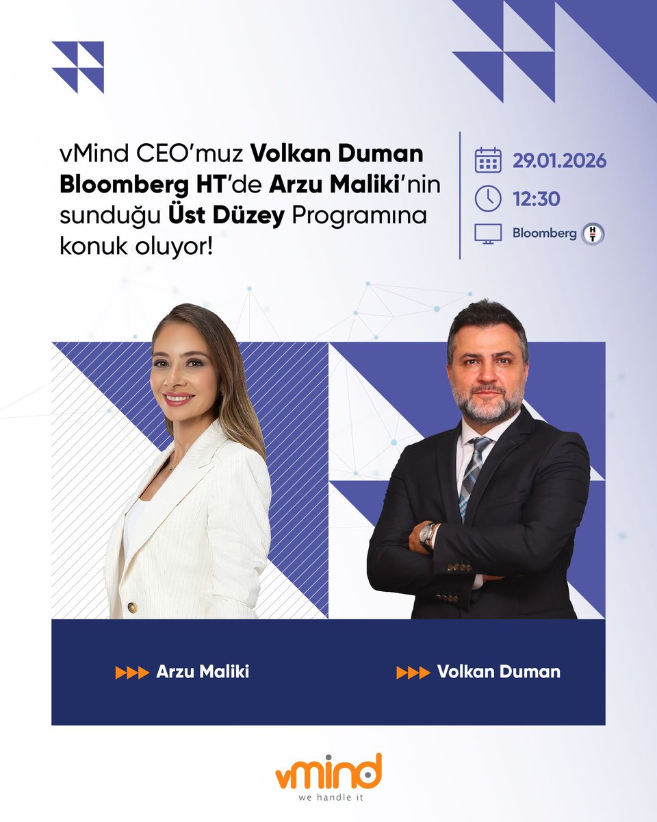 vMind CEO’muz Volkan Duman, bugün saat 12:30’da Bloomberg HT’de Arzu Maliki’nin sunduğu “Üst Düzey” programına canlı yayın konuğu oluyor.
 
Sektörün geleceğine ışık tutacak bu özel yayını kaçırmayın!
 
#vMind #wehandleit #DijitalDönüşüm #BloombergHT