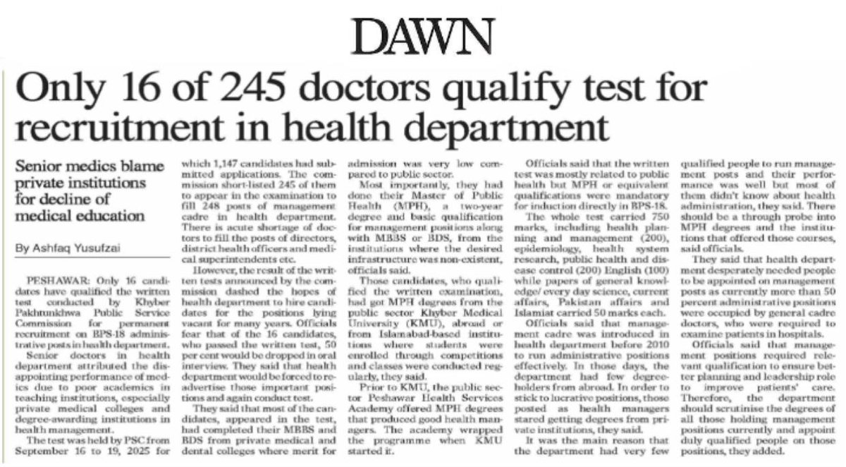 Only 16 of 245 doctors qualify test for recruitment in health department 
 dawn.com/news/1969572?u…