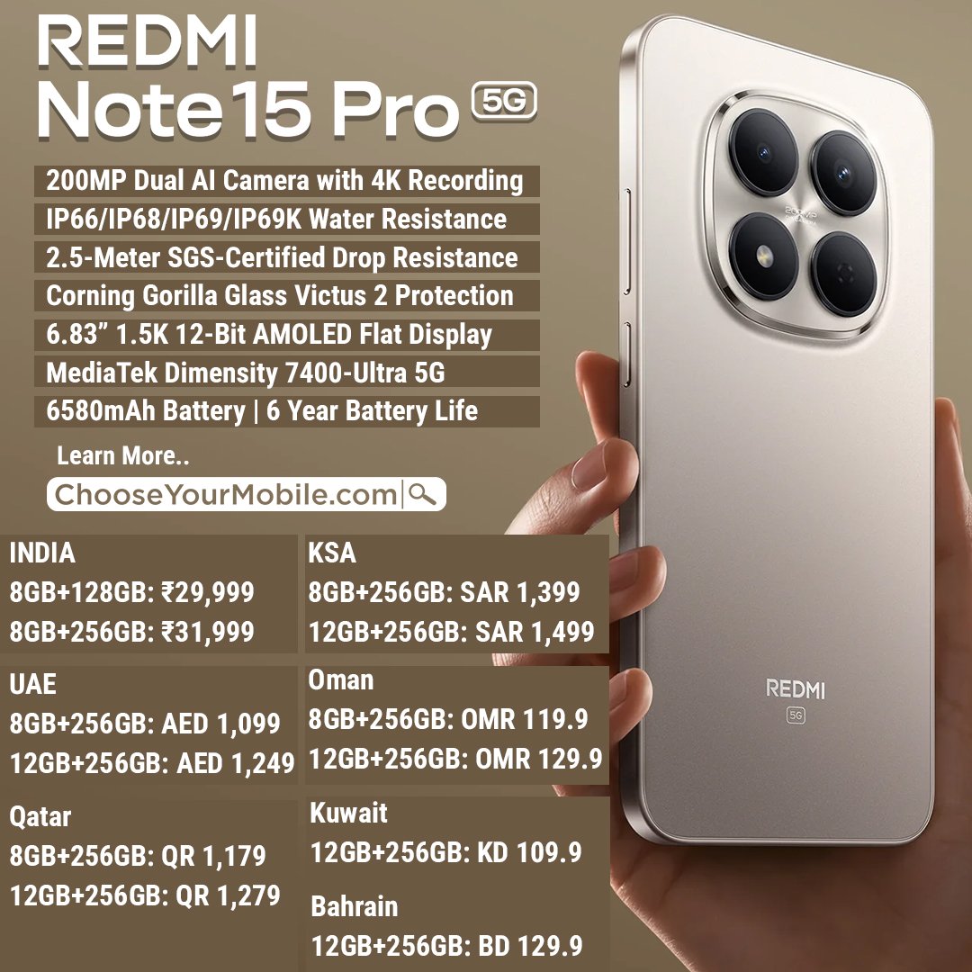 chooseyourmobi2's tweet image. Flat display, boxy design, 200MP camera &amp;amp; a huge 6580mAh battery 🔋🔥
Meet the new Redmi Note 15 Pro 5G — Gulf vs India differences explained 👀👉
chooseyourmobile.com

#redminote15pro5g #REDMINote15Series #REDMINote15ProSeries #RedmiNote15ProPlus #RedmiNote15Pro #RedmiNote15