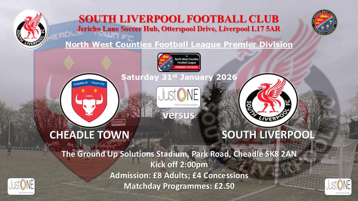 UP NEXT ⚪️⚫️🔴

📆 Sat 31/01/26
⚽️ <a href="/CheadleTownFC/">Cheadle Town FC</a>
🏆 <a href="/nwcfl/">The NWCFL ⚽️</a> Premier Division
⏱️ 2:00pm
📌 The Ground Up Solutions Stadium, Park Road, Cheadle SK8 2AN
💰 Admission: £8 Adults; £4 Concessions
📚 Matchday Programmes: £2.50

#supportyourlocalclub
#ComeOnTheSouth