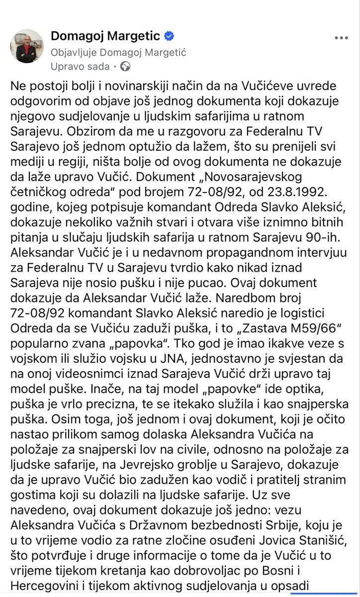 DomagojMargetic's tweet photo. Obzirom da me @avucic i ovih dana na Federalnoj TV u Sarajevu klevetao i vrijedjao, kao novinar na njegove uvrede i primitivne ispade jednog divljaka, mogu odgovoriti jedino novim dokazima. Pa evo dokumenta iz 1992. koji dokazuje da je Vučić nosio pušku. https://t.co/Ept1qiVaWH