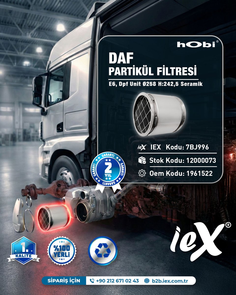 📌 DAF PARTİKÜL FİLTRESİ
📦 IEX Kodu: 7BJ996
🚛 Stok Kodu: 12000073
🔧 OEM Kodu: 1961522

DAF Euro 6 (E6) motorlu ağır vasıta araçlarda kullanılan DPF (Dizel Partikül Filtresi) ünitesi.

📞: 0212 671 02 43
🌐: b2b.iex.com.tr/dpf-unit-e6-19…

#daf #partikülfiltresi #istanbulegzoz