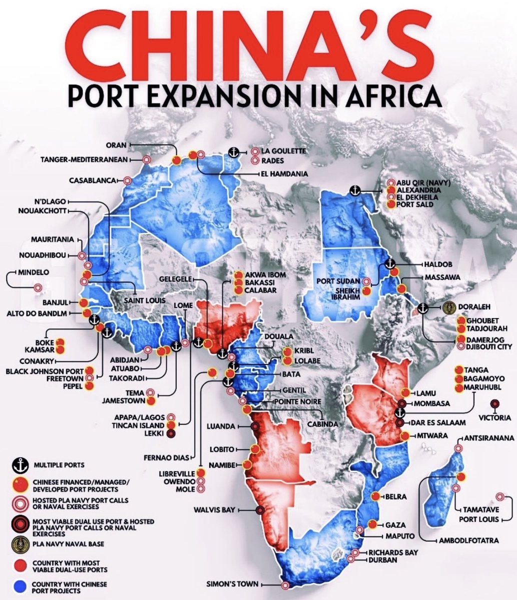 🚨 CHINA IS LOCKING DOWN AFRICA’S PORTS ⚓

• 🇨🇳 40+ African ports financed, built, or operated by #China 

• Coverage across Atlantic, Indian Ocean, Red Sea

• Several ports. Commercial today, military tomorrow

• PLA Navy access now stretches far beyond Djibouti

⚠️ Ports =