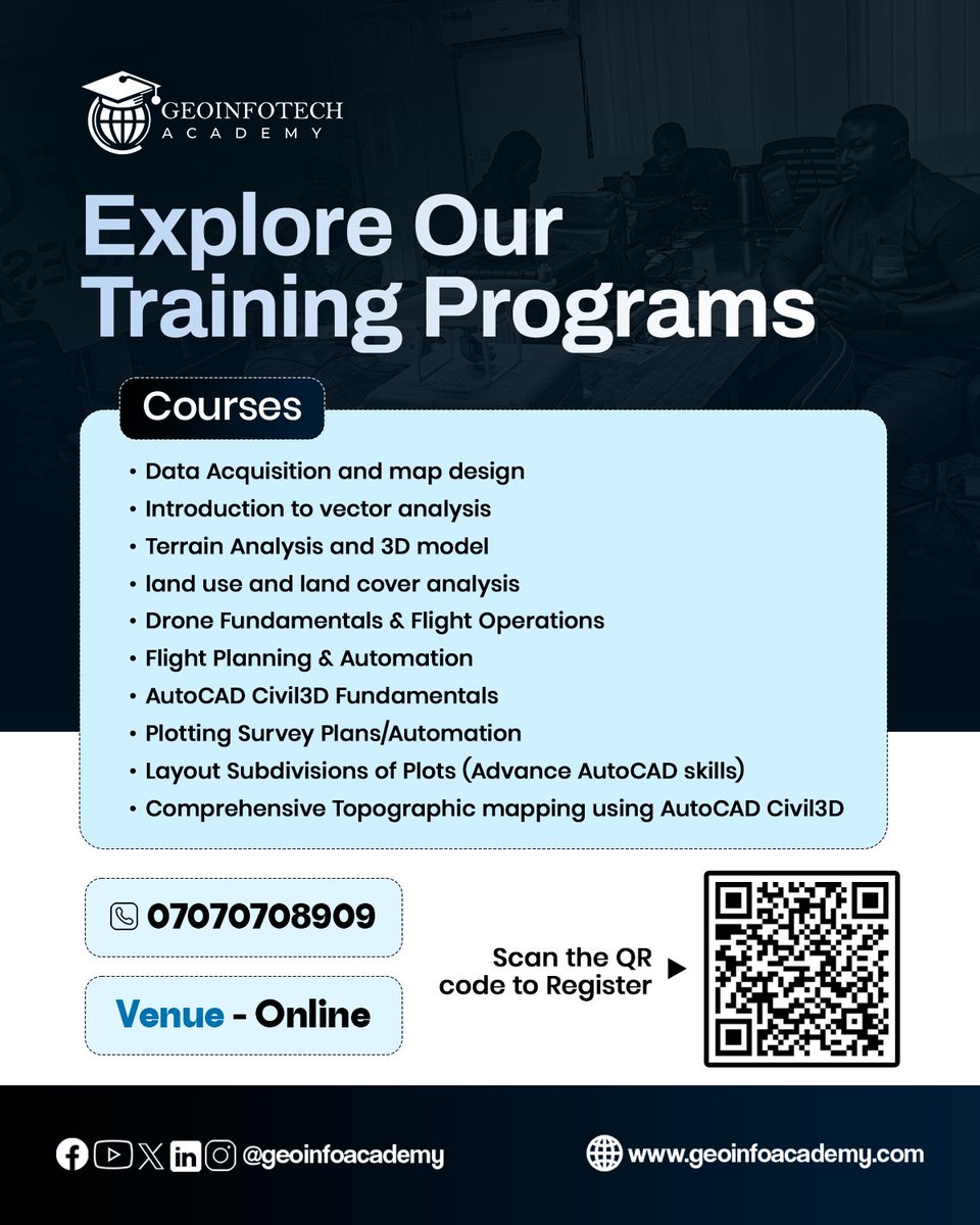 GeoinfoAcademy's tweet photo. Explore industry-ready Geospatial Training Programs at Geoinfotech Academy.

Learn GIS, Drone Operations, AutoCAD Civil 3D, Survey Mapping &amp; Spatial Analysis, all online &amp; practical.

🔗 https://t.co/Q863dj1tTJ
📞 07070708909

#GIS #GeospatialTraining #DroneMapping #Surveying https://t.co/KzNvoGMRZ8