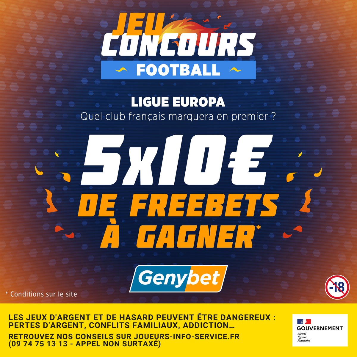 🤑 𝐉𝐄𝐔-𝐂𝐎𝐍𝐂𝐎𝐔𝐑𝐒

On passe au multiplex de Ligue Europa ce soir ! 🎉

5️⃣ x 🔟 euros de #Freebets à gagner !

Dis nous quel club français marquera en premier ⚡ (Lyon, Lille ou Nice)

➡️ RT + Like + Follow <a href="/Genybet_Sport/">Genybet Sport 🔞</a>
➡️ Réponse en commentaire AVEC pseudo

🔚 29/01 à