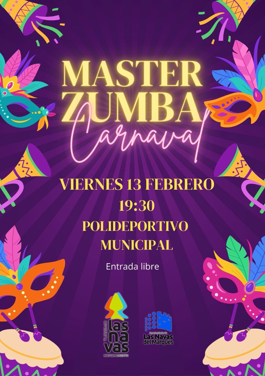 🎭💃 Arrancamos el Carnaval bailando 💃🎭
📅 Vie 13 feb | 🕢 19:30
📍 Polideportivo Municipal
Masterclass de Zumba, entrada libre y gratis, ven con tu mejor disfraz 🥳
🏆 Premios al mejor disfraz
El Carnaval no solo se vive… ¡se baila! 🔥
