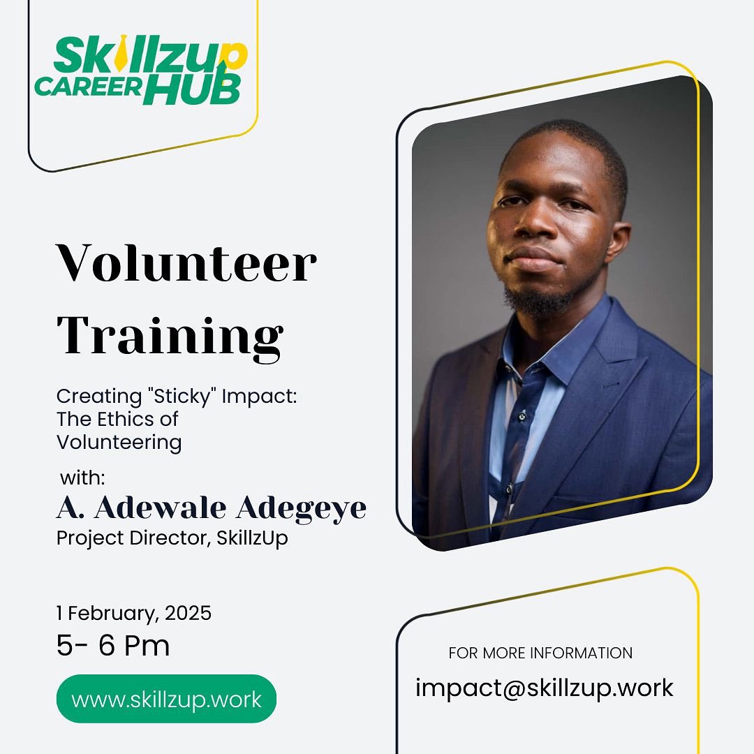 skillzhubhq's tweet image. Volunteering isn’t just about helping, it’s about creating impact that lasts 🌱
Join our Volunteer Training on Creating Sticky Impact: The Ethics of Volunteering with A. Adewale Adegeye 
🗓 Feb 1, 2025 | ⏰ 5–6 PM
📩 impact@skillzup.work #VolunteerTraining #EthicalVolunteering