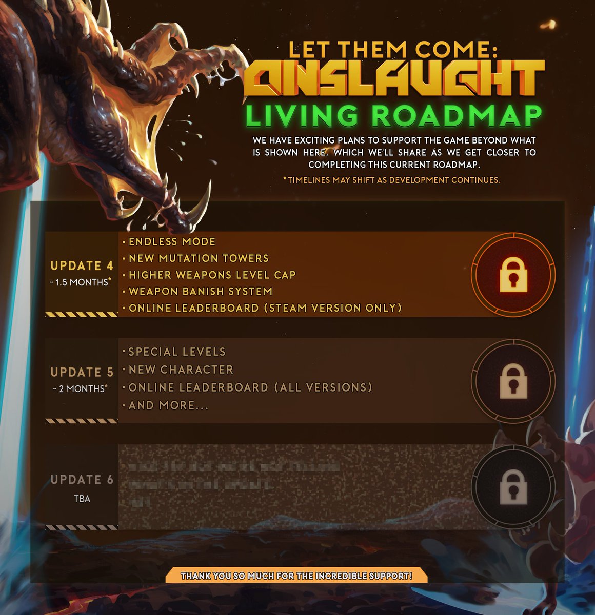The onslaught is far from over 🔥

Here’s our second Living Roadmap for Let Them Come: Onslaught, packed with Endless Mode, new mutations, special modifiers, and more to come! learn More: store.steampowered.com/news/app/20508… #bulletheaven #roguelite #bulletheaven #indiegame #steam