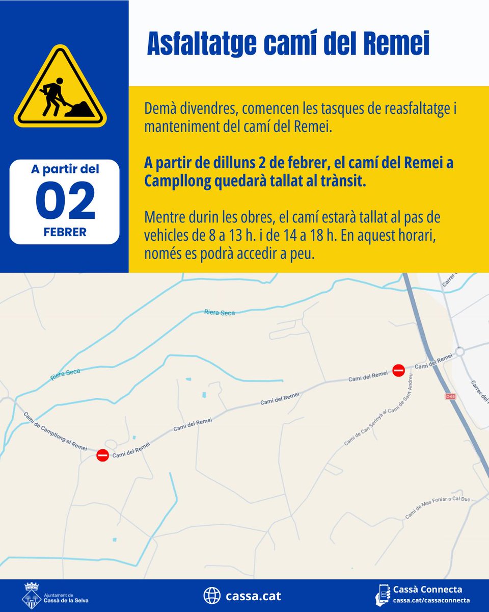 🚧 Demà divendres comencen les tasques d'asfaltatge i manteniment del camí del Remei.

🗓️ A partir de dilluns 2 de febrer, el camí del Remei a Campllong quedarà tallat al trànsit 🚫🚗, des de després del pont de la C-65 i fins al trencant de l'ermita.

⏰ Mentre durin les obres,