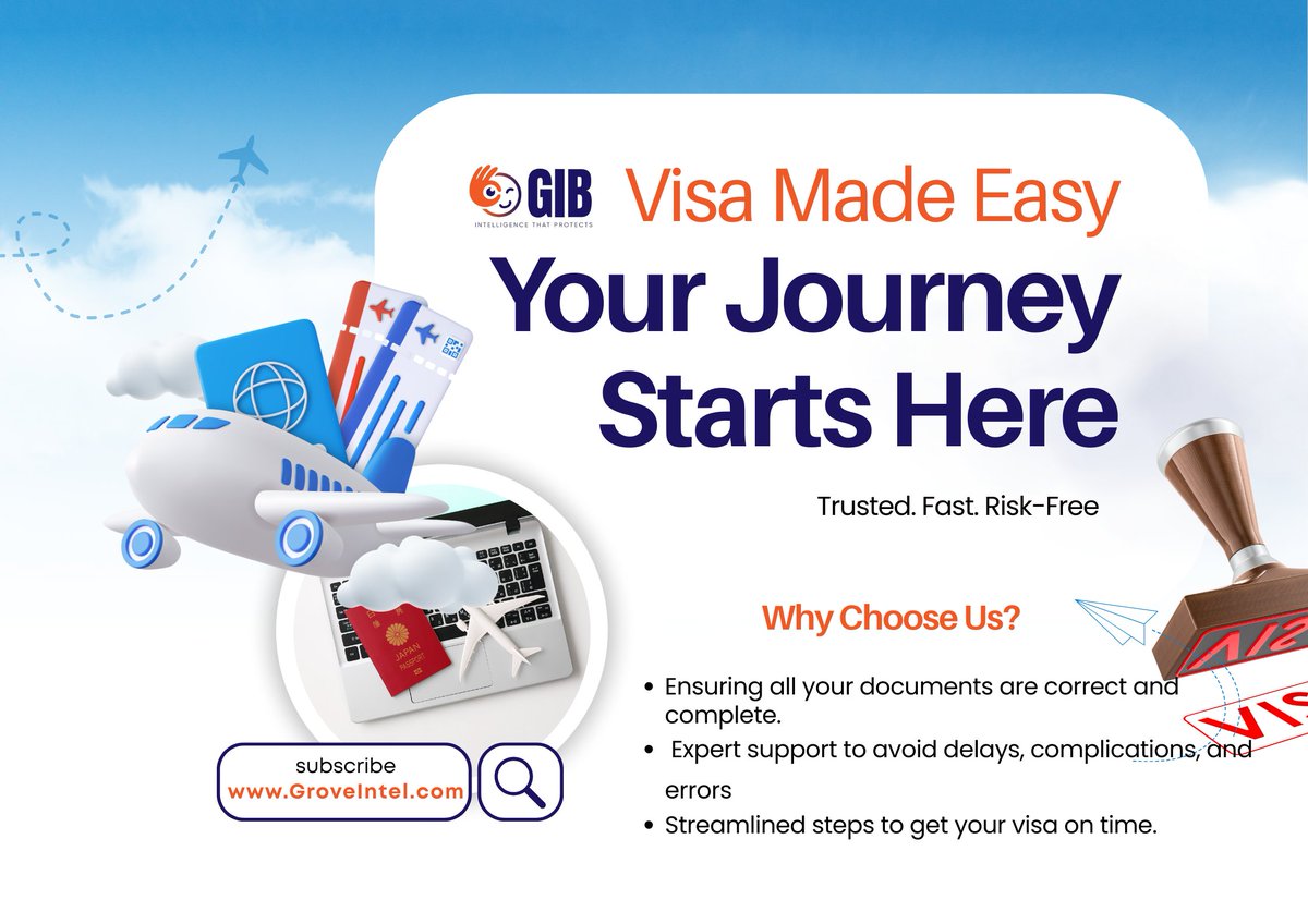 GroveIntel's tweet photo. Why stress over your visa when GIB makes it simple? Verified documents , Risk-free guidance ,Fast & reliable processing.
Start your visa journey today: https://t.co/sk9RRETatE
#VisaServices #Travel #VisaApplication #ImmigrationSupport #FastVisaProcessing #VisaExperts https://t.co/KLDeuT4Els
