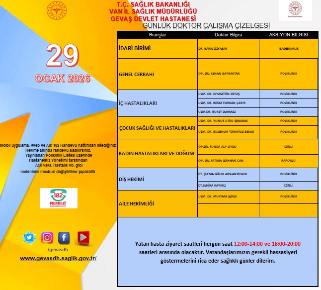 Mobil,Web ve 182 Randevu hattından istediğiniz Hekime anında randevu alabilirsiniz. Yayınlanan Poliklinik Listesi üzerinde Hastanemiz Yönetimi tarafından Acil Vaka,Hastalık vb.gibi nedenlerle mecburi değişiklikler yapılabilir.
<a href="/vanilsaglik/">Van İl Sağlık Müdürlüğü</a>

<a href="/drmuhammedtosun/">Dr.Muhammed Tosun</a>

<a href="/KHHBVANILSAGLIK/">Dr. Sevcan Sağlam</a>