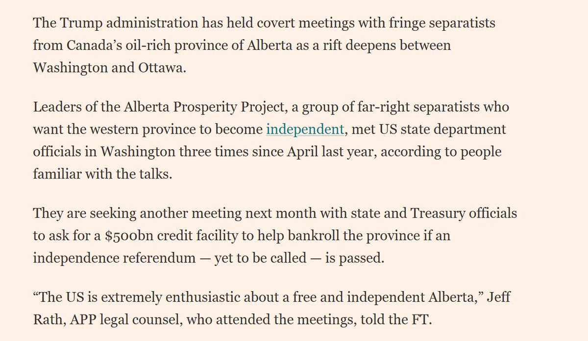 osint1117's tweet image. BREAKING: Trump administration officials have secretly met with Alberta separatists seeking independence from Canada.

Source: Financial Times
